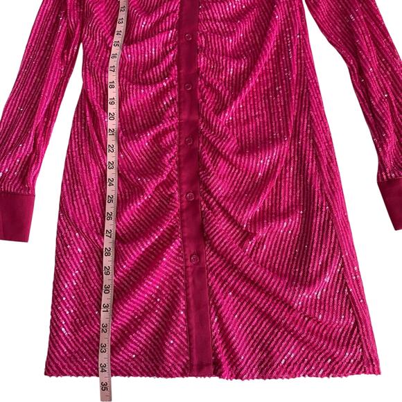 In The Mood For Love Lina Hot Pink Barbie Sequin Ruched Button Up Mini Dress M - Picture 7 of 16